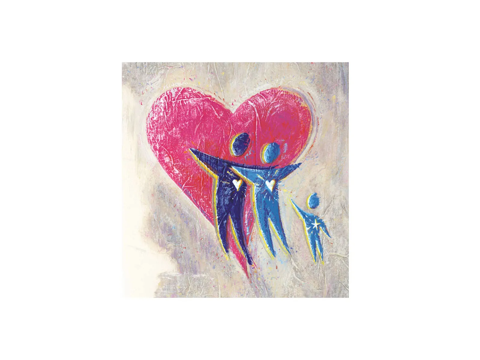 Painted illustration of a family embracing in front of a large pink heart