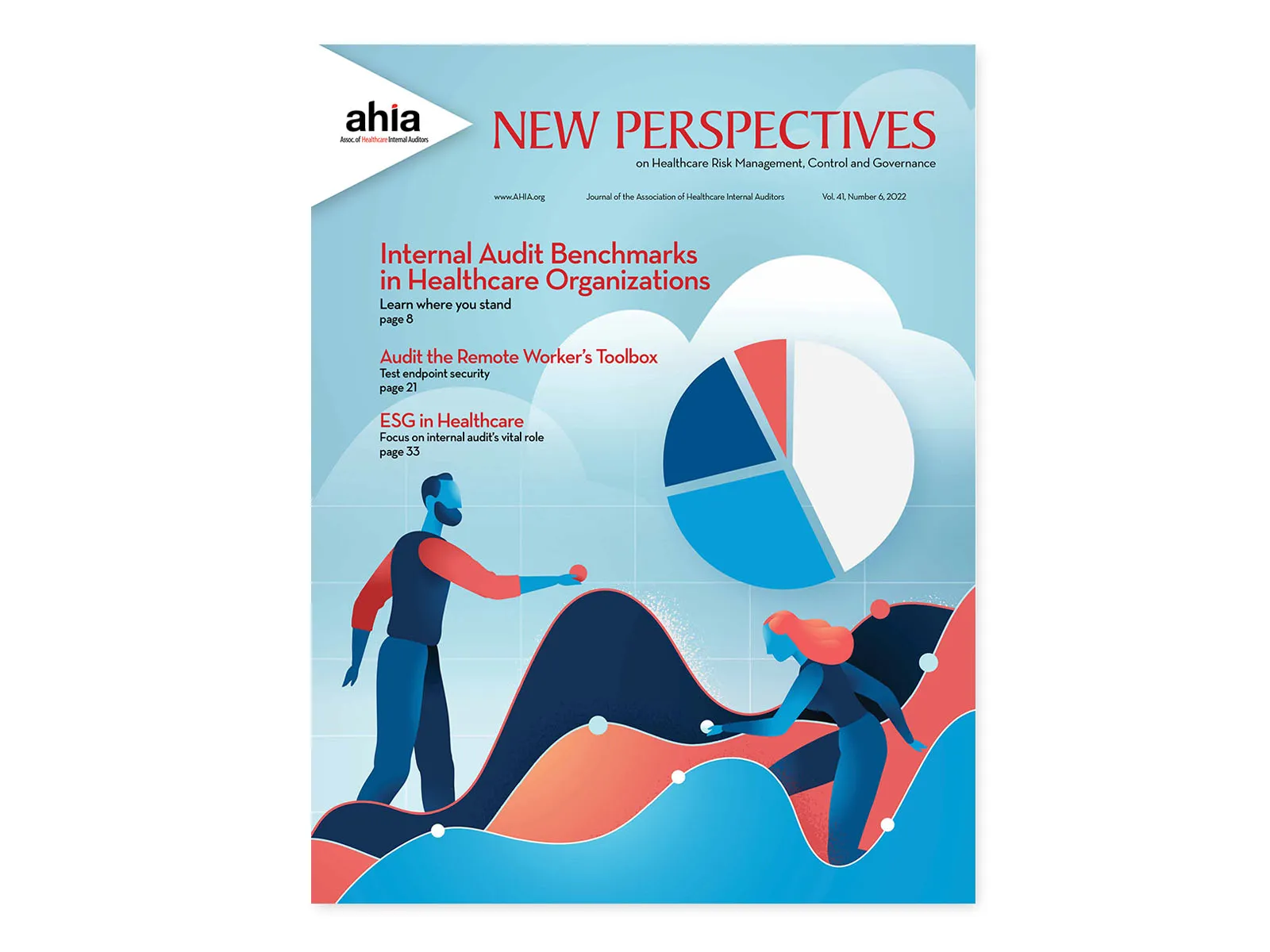 Cover of AHIA New Perspectives magazine with an abstract illustration and a pie chart