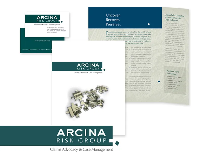 Arcina Risk Group business cards, folder and brochure