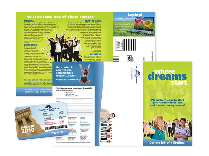 College recruitment mailers and student ID card with the line Where dreams start