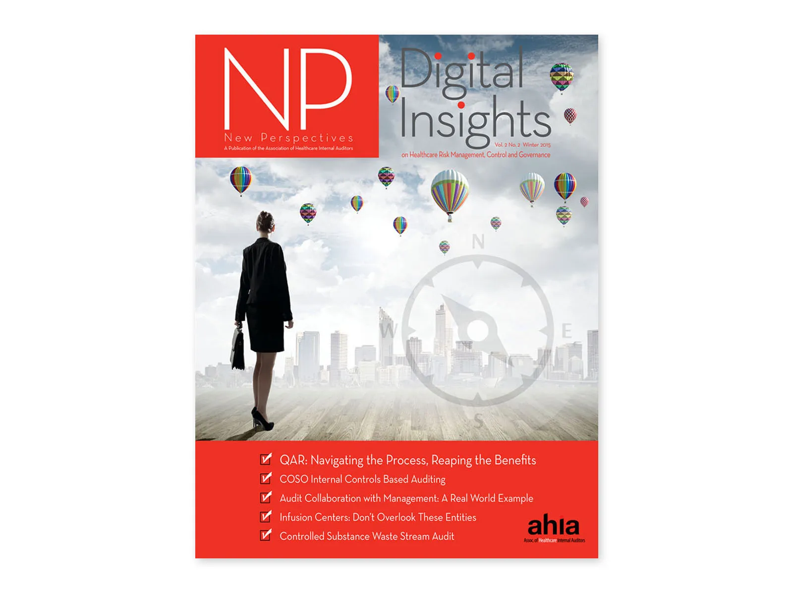 Cover of AHIA New Perspectives, Digital Insights issue, with a businesswoman watching hot-air balloons over a city
