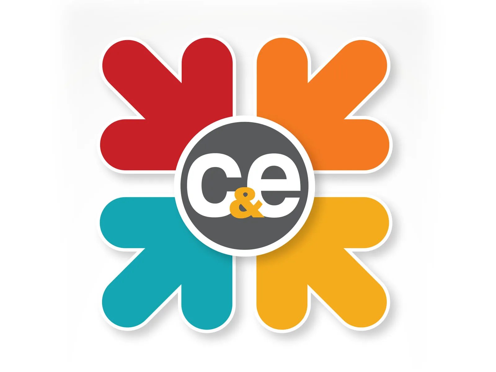 C&E logo, a ring of colored arrows pointing in toward the letters C&E