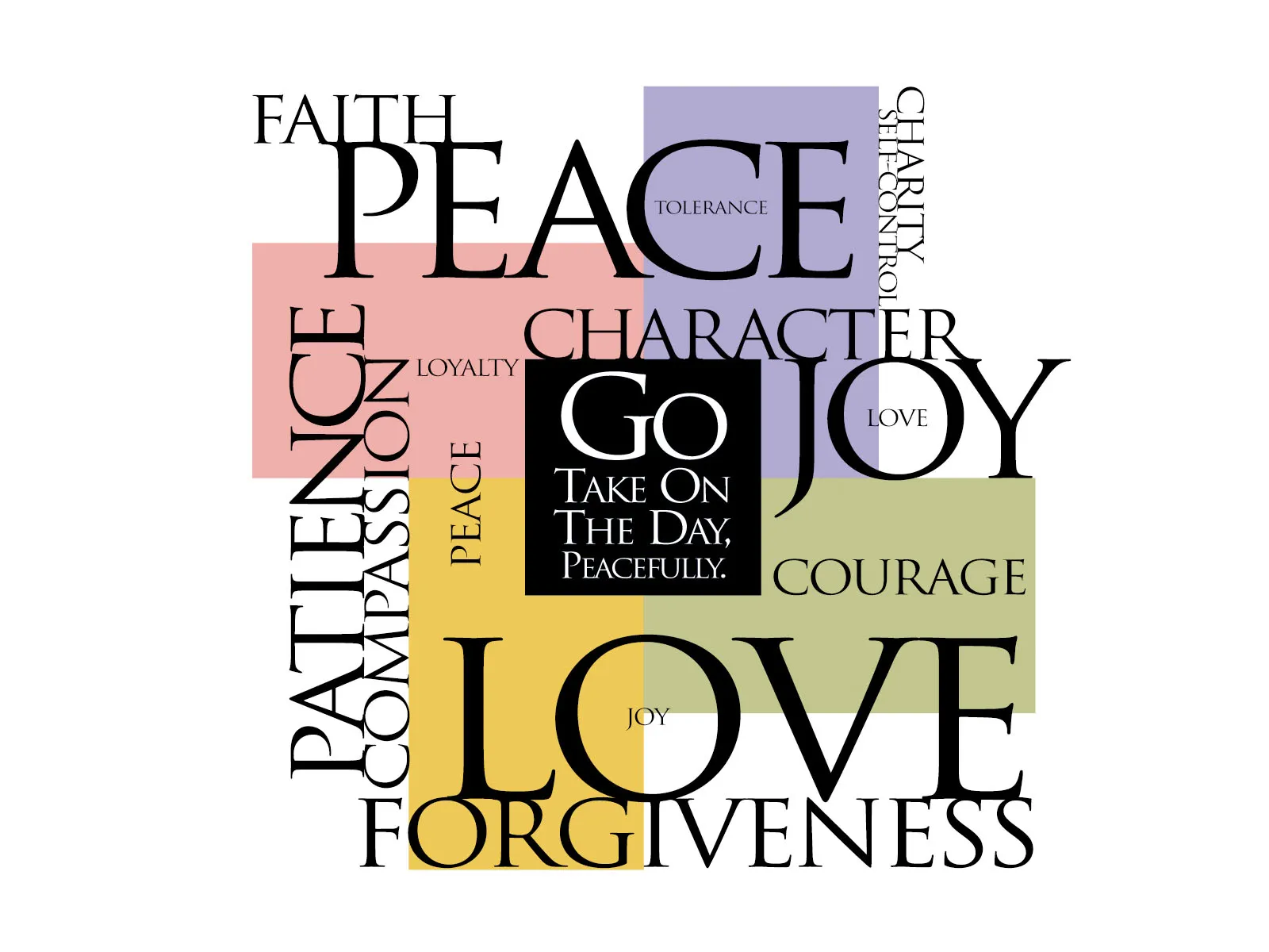 Typographic poster with the words faith, peace, joy, love and forgiveness over overlapping color blocks