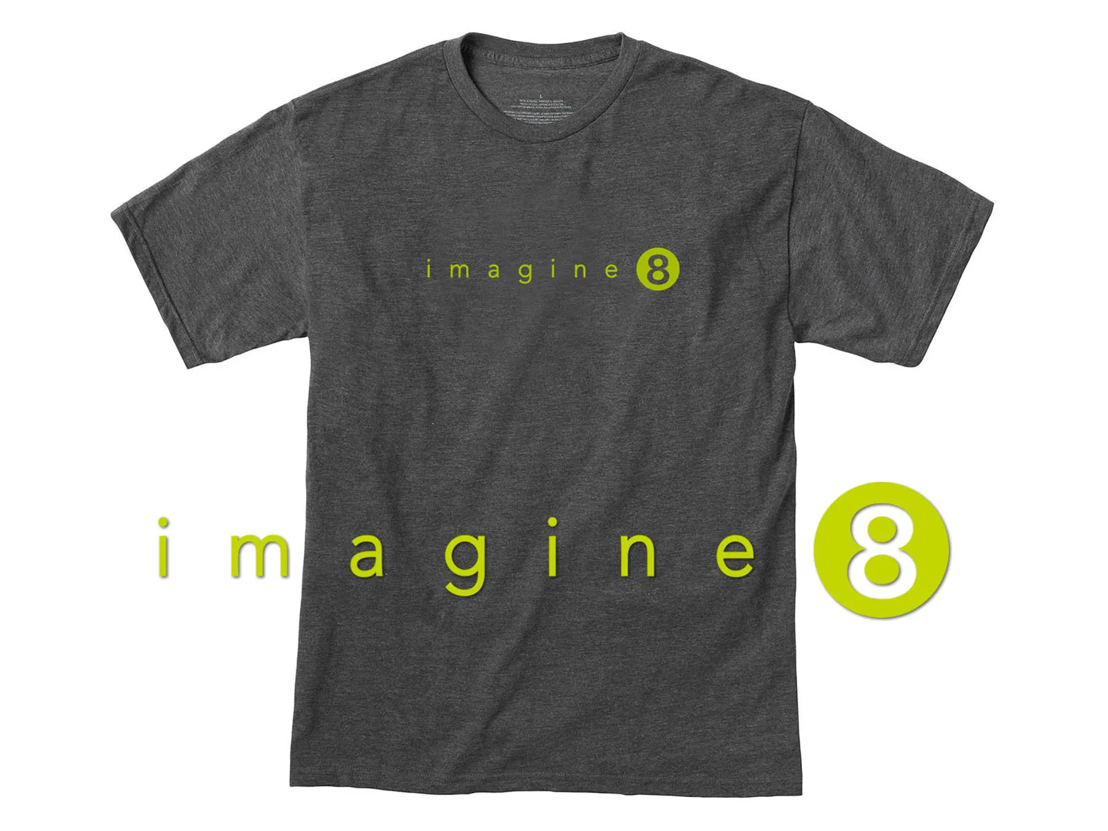 Imagine 8 logo shown on a gray T-shirt