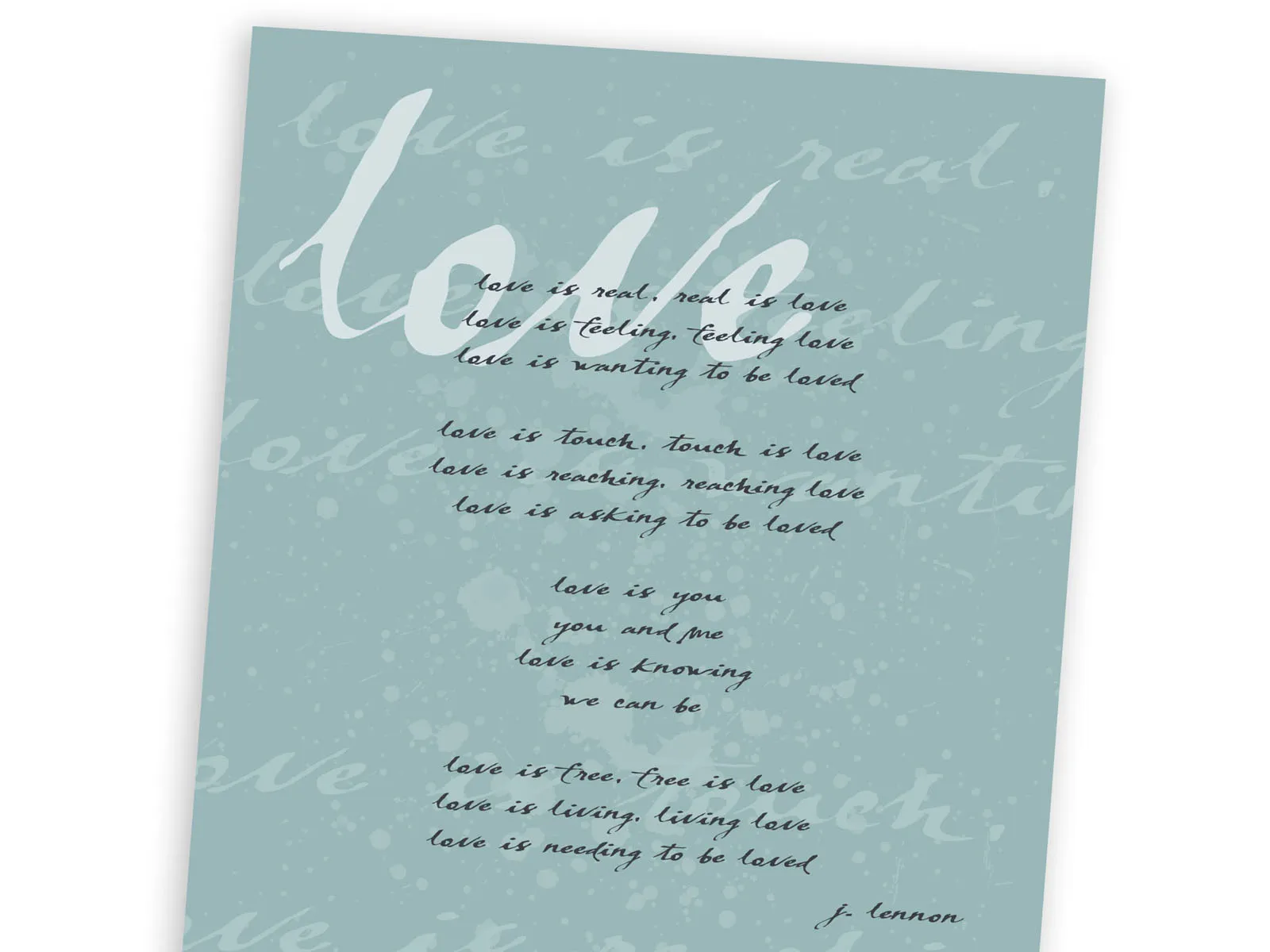 Handwritten love poem poster on a soft blue-gray background