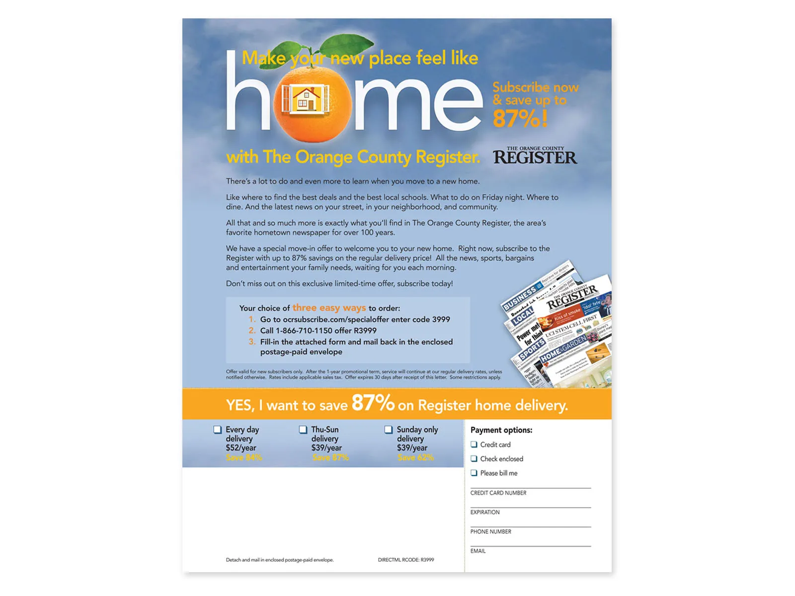 Orange County Register home delivery flyer reading Make a new place feel like home