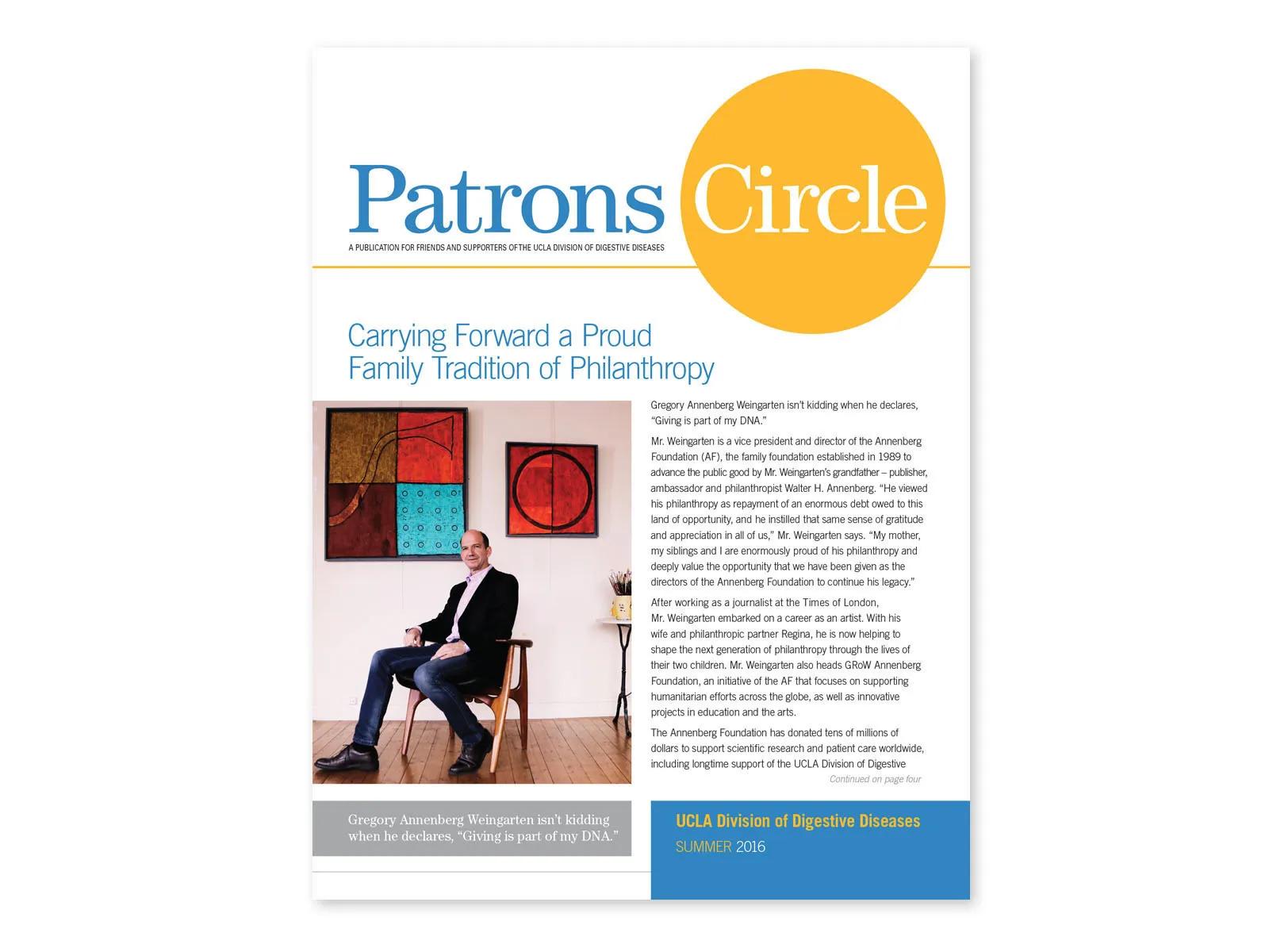 Patrons Circle newsletter with a portrait of a donor seated in a gallery