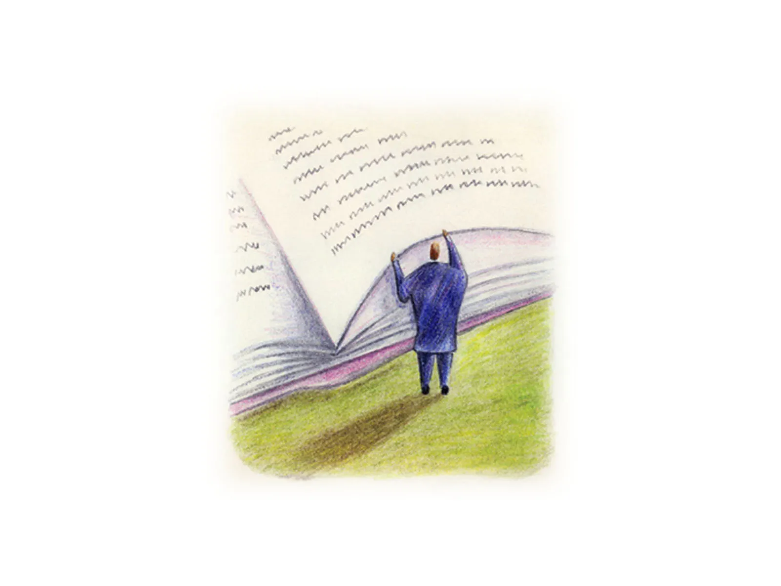 Watercolor illustration of a man walking into the pages of an open book