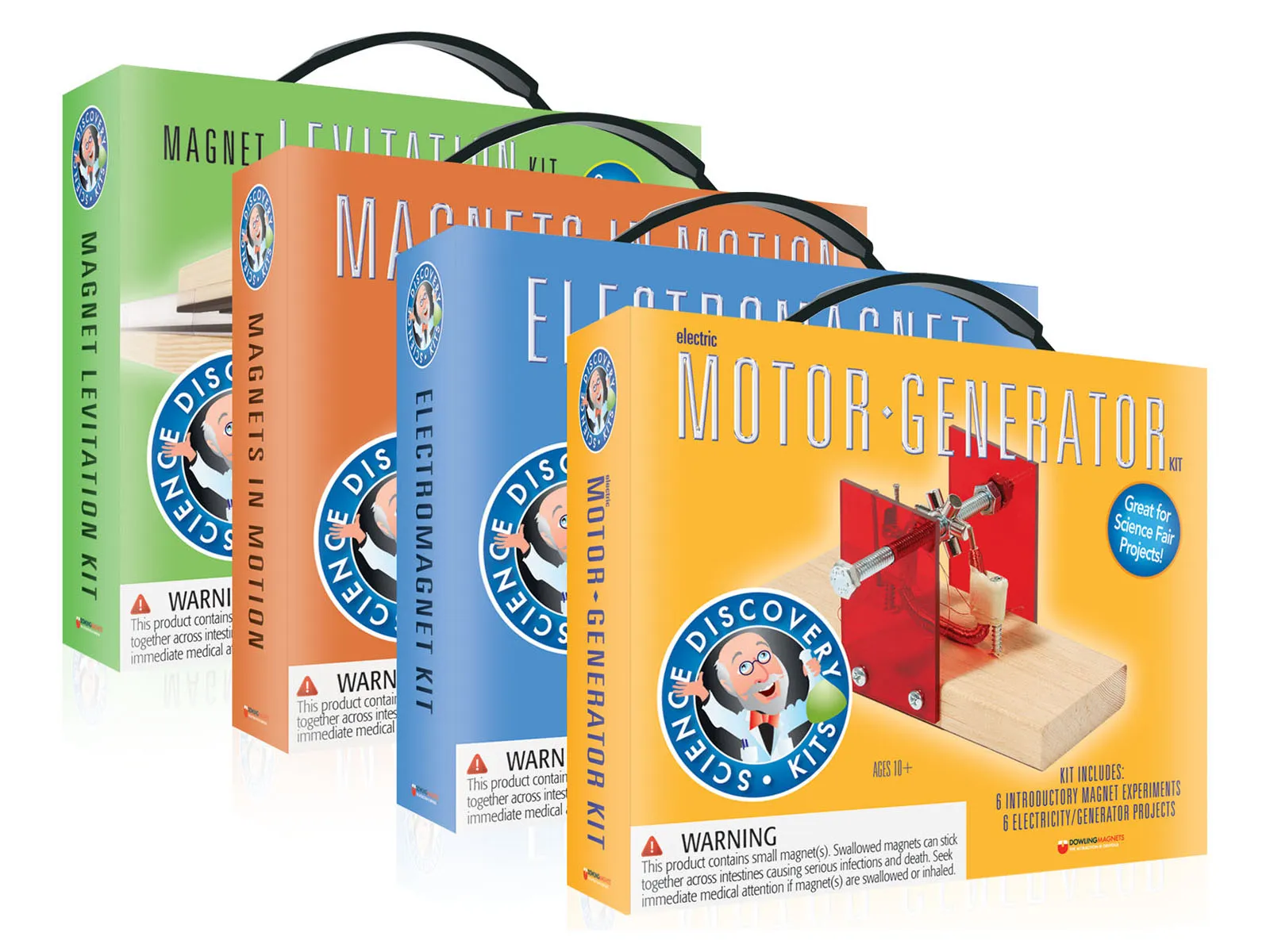 Science discovery kit boxes for magnet levitation, electromagnets and motors