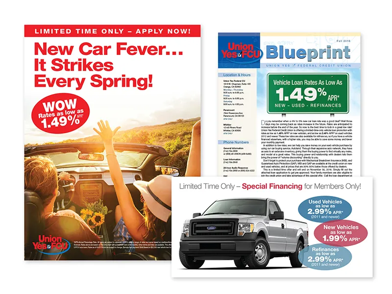 Credit union auto loan ads and Blueprint newsletter