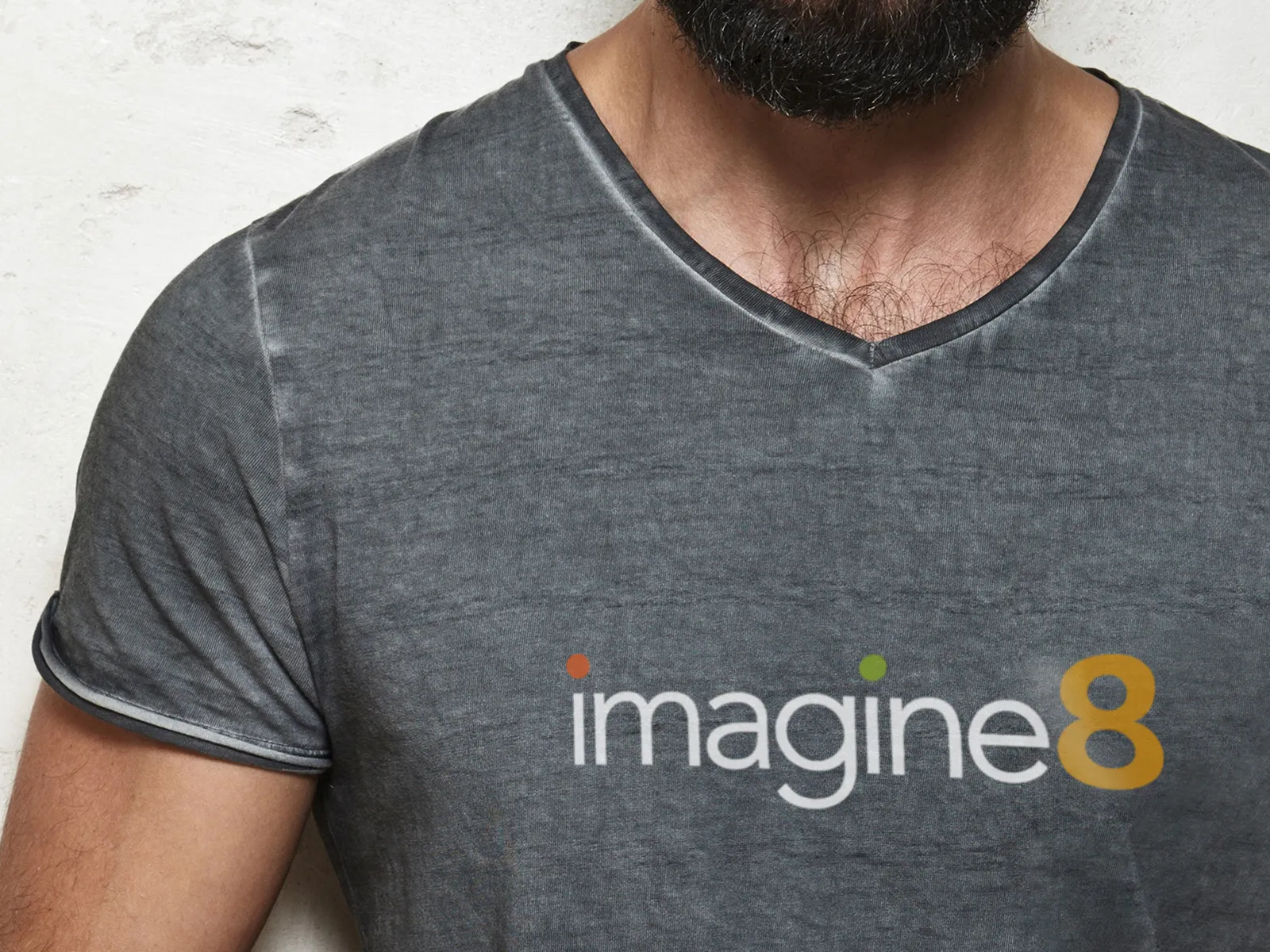 Imagine 8 logo on a gray V-neck T-shirt