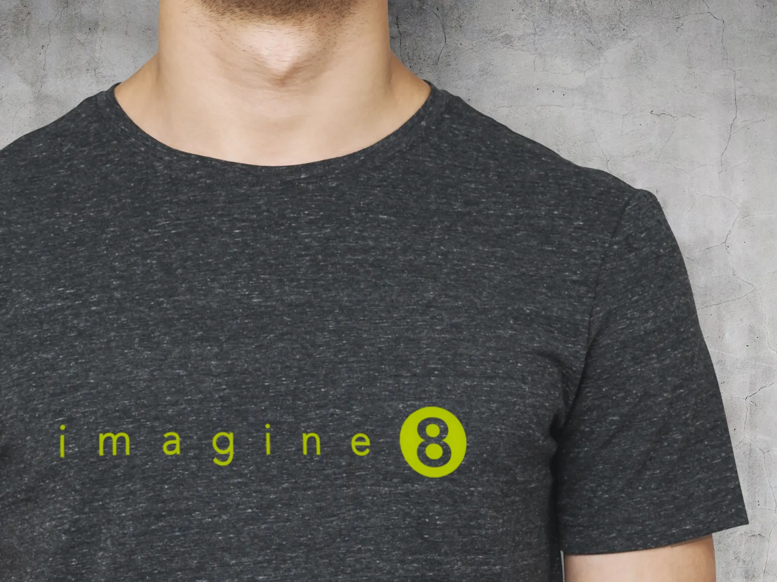 Imagine 8 logo printed on a gray T-shirt