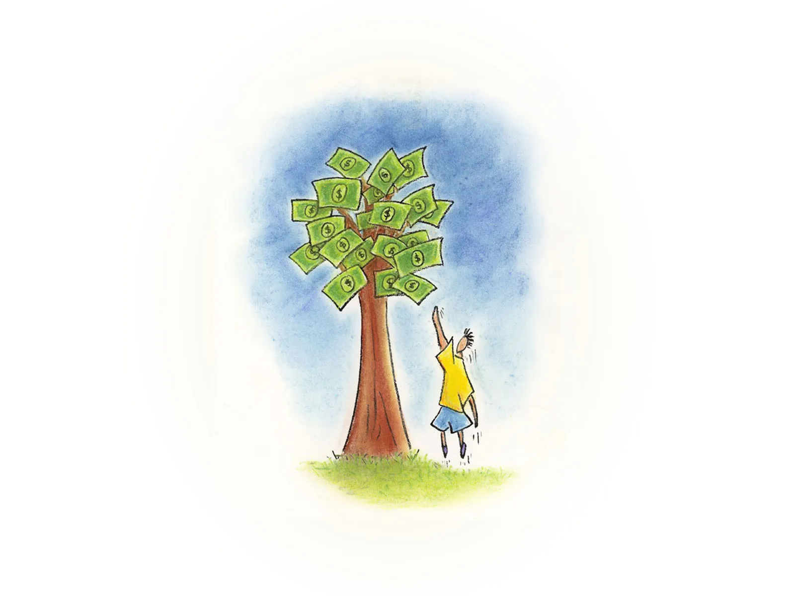 Watercolor illustration of a child reaching up to a tree that grows money
